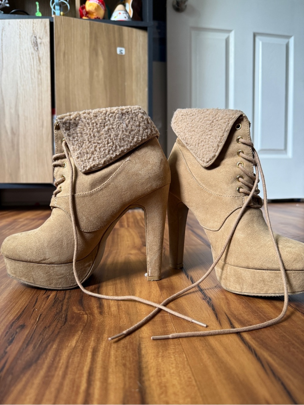 Wild Diva Fold-Over Sherpa Lace-Up Platform Booties in Camel